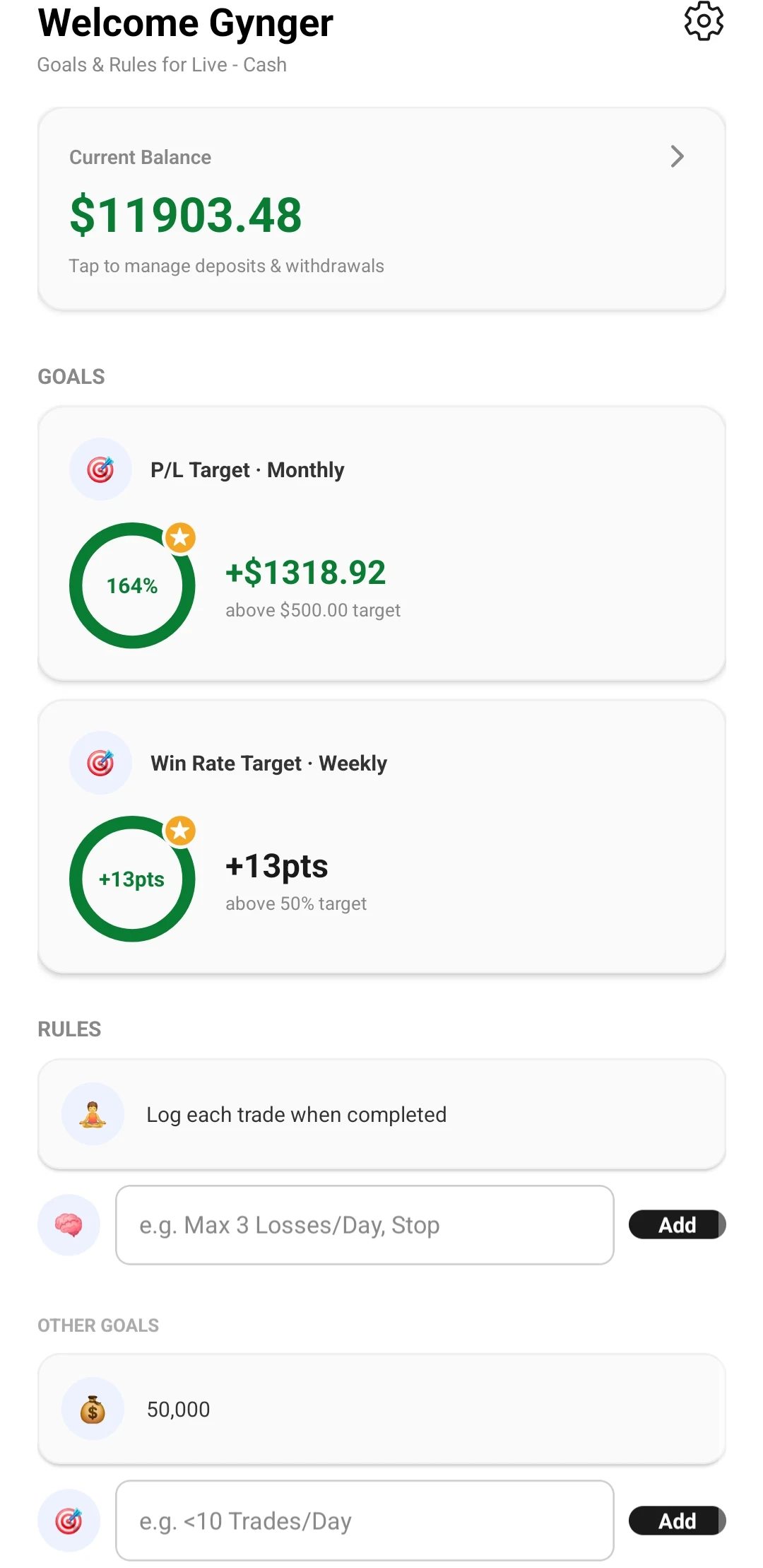 Vaultlog home screen with monthly P/L and weekly win rate goals and trading rules