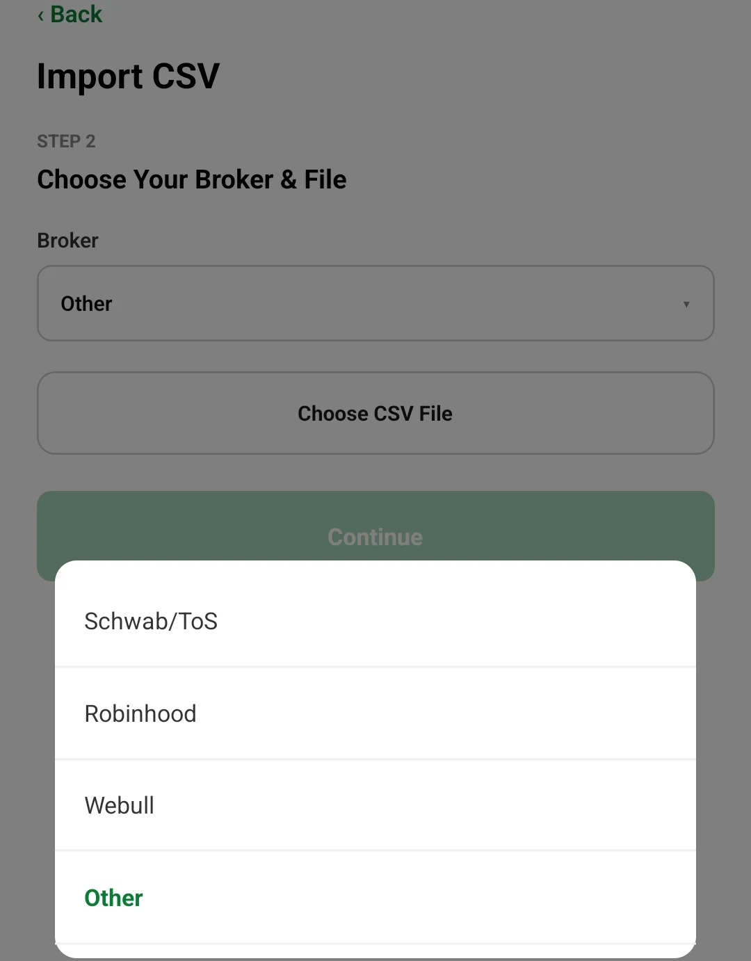 Vaultlog CSV import screen with a broker picker for Schwab/ToS, Robinhood, Webull, or Other