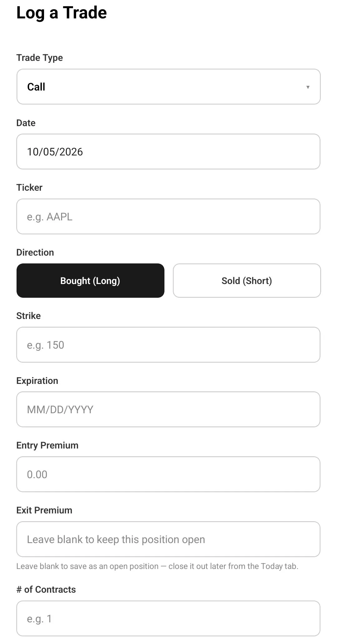 Vaultlog Log a Trade form for a call bought long, showing date, ticker, strike, expiration, entry and exit premium, and number of contracts